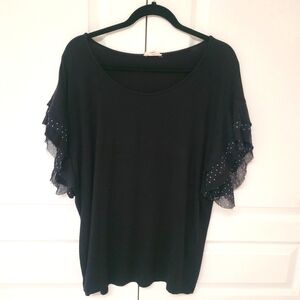 Jane & Delancey Women's Size XL Top Black Ruffle Raw Edge Sleeve EUC